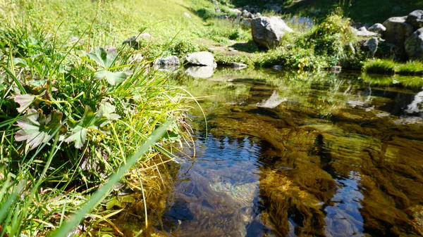 Bergsklart Vatten Bäcken Och Gröna Fält Det Finns Stora Stenar — Stockfoto