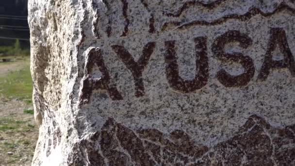 The inscription on the Ayusai stone. Forest. — Stock Video