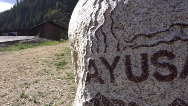 A inscrição na pedra Ayusai. Floresta. — Vídeo de Stock