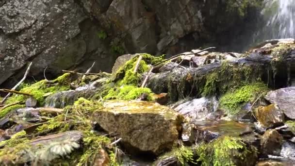 Les éclaboussures de la cascade tombent sur les rochers, les billes. — Video