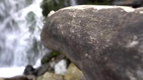 Salpicaduras de la cascada en las rocas, troncos. — Vídeos de Stock