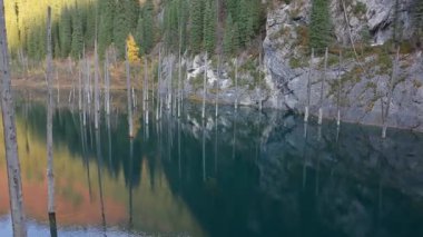 Sakin göl manzarası sakin sulara yansıyan uzun ağaçlar, canlı sonbahar renklerini ve kayalık uçurumları ortaya çıkarmak için kameralar pürüzsüzce hareket ediyor, doğanın dingin atmosferini arttırıyor.