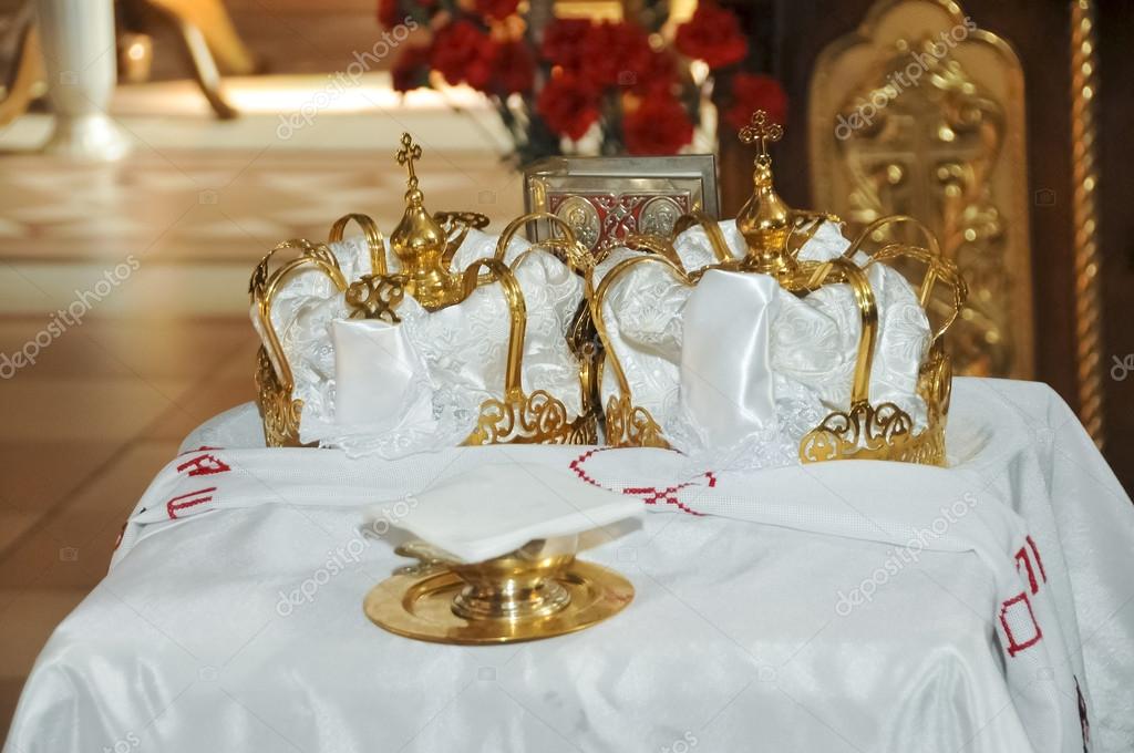 Two Orthodox Wedding Ceremonial Crowns Ready for Ceremony – Stock