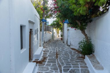 Parikia, Paros Adası, Yunanistan - 26 Eylül 2020: Eski şehrin dar sokakları. Geleneksel, geniş mimari ve beyaz eklemli taş bir yol..
