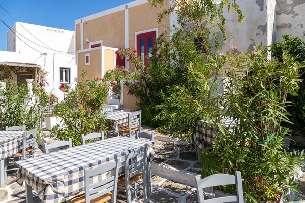 希腊帕洛斯岛Naoussa 2020年9月27日 拥有当地餐馆和商店的渔村狭窄街道景观 客人的餐桌外 开着花的树 — 图库照片