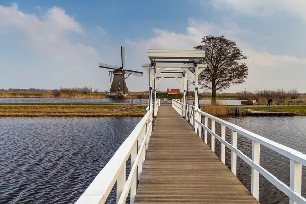 观景著名的风车 Lek运河和白桥 教科文组织世界遗产Kinderdijk博物馆的副院长 — 图库照片