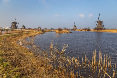Kinderijk, Hollanda - 11 Mart 2016: Ünlü yel değirmenleri, Lek Kanalı ve küçük iskele manzarası. Müzenin çevresi UNESCO Dünya Mirası Anaokulu.