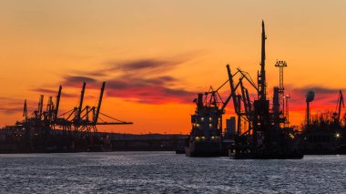 Gdynia, Polonya - 22 Nisan 2016: Gdynia 'daki konteyner terminali. Geceleyin liman vinçleri ve konteynırların görüntüsü.
