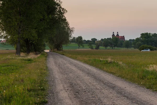 夏の牧草地 夏の日に日没 ポーランドの景観公園ロード — ストック写真