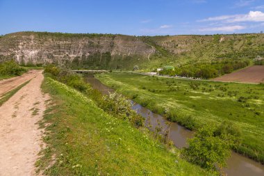 Trebujeni 'deki Reut Nehri Vadisi manzarası, kireçtaşı kayalarının doğal manzarası. Moldova Cumhuriyeti.