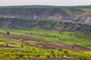 Trebujeni 'deki Reut Nehri Vadisi' ndeki St. Mary Kilisesi manzarası, kireçtaşı kayalarının doğal manzarası. Moldova Cumhuriyeti.