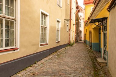 Tallinn, Estonya 2 Eylül 2021: Kemerli camlı tarihi yeşil bir bina park halindeki çok sayıda arabalı bir kaldırım taşı alan boyunca duruyor.