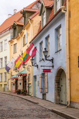 Tallinn, Estonya 2 Eylül 2021: Renkli tarihi binalar, bayraklar ve kaldırımlarla dolu Eski Şehir Caddesi manzarası.