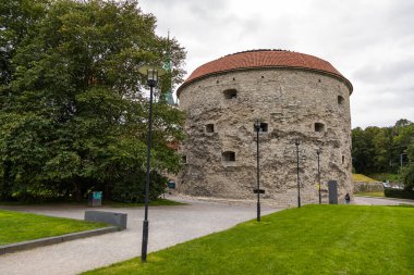 Tallin, Estonya - 02 Eylül 2021: Ağaçların yanında duran tarihi yuvarlak taş kule.