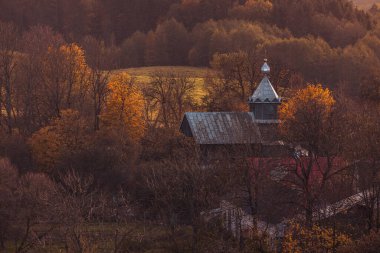 Suwalski Park Krajobrazowy, Podlasie, Polonya 'da sonbahar ağaçları ve yumuşak akşam ışığı ile çevrili ahşap bir kilise kulesi..