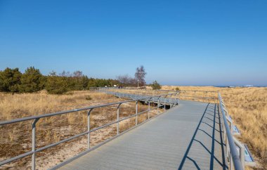 20 Mart 2022 'de Polonya' da insanlar Baltık Denizi sahiline doğru giden koruma altındaki sahil kum tepelerinden geçerek tahta bir tahta kaldırım boyunca yürüyordu..