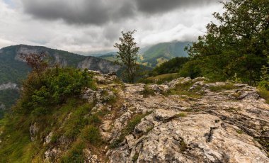 Bosna-Hersek Federasyonu 'nun kayalık uçurumundan tepeden bakan yeşil ormanlı dağlar ve bulutlu bir gökyüzü. Vahşi doğa sahnesi.