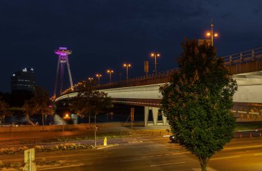 Bratislava, Slovakya - 27 Ağustos 2022: Taş heykel ve sokak lambasıyla Frantiskanske isim meydanı.