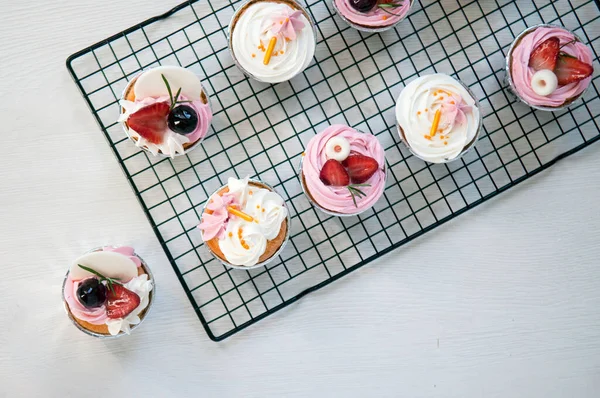 Tasty Birthday Cupcakes Decorated Sweet Chocolate Strawberry Wooden Table — Stock Photo, Image