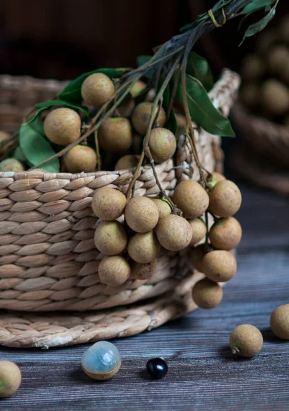 Fresh Longan Fruit Basket Rustic Wooden Table — Stock Photo, Image