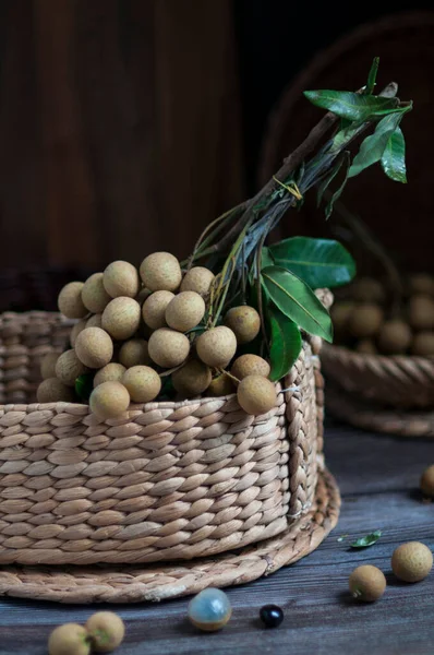 Fresh Longan Fruit Basket Rustic Wooden Table — Stock Photo, Image