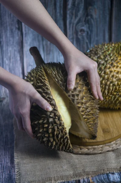 Fresh Durian Fruit Wood Background — Stock Photo, Image