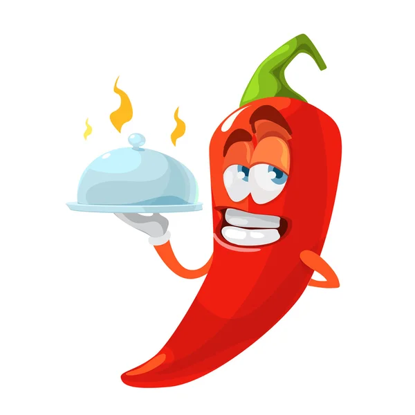 Rojo chile pimienta entrega comida como camarero divertido personaje de dibujos animados — Vector de stock