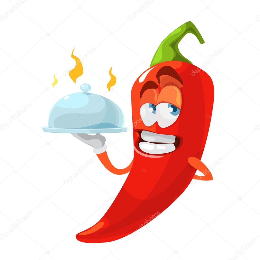 Red chilli pepper delivers food as waiter funny cartoon character