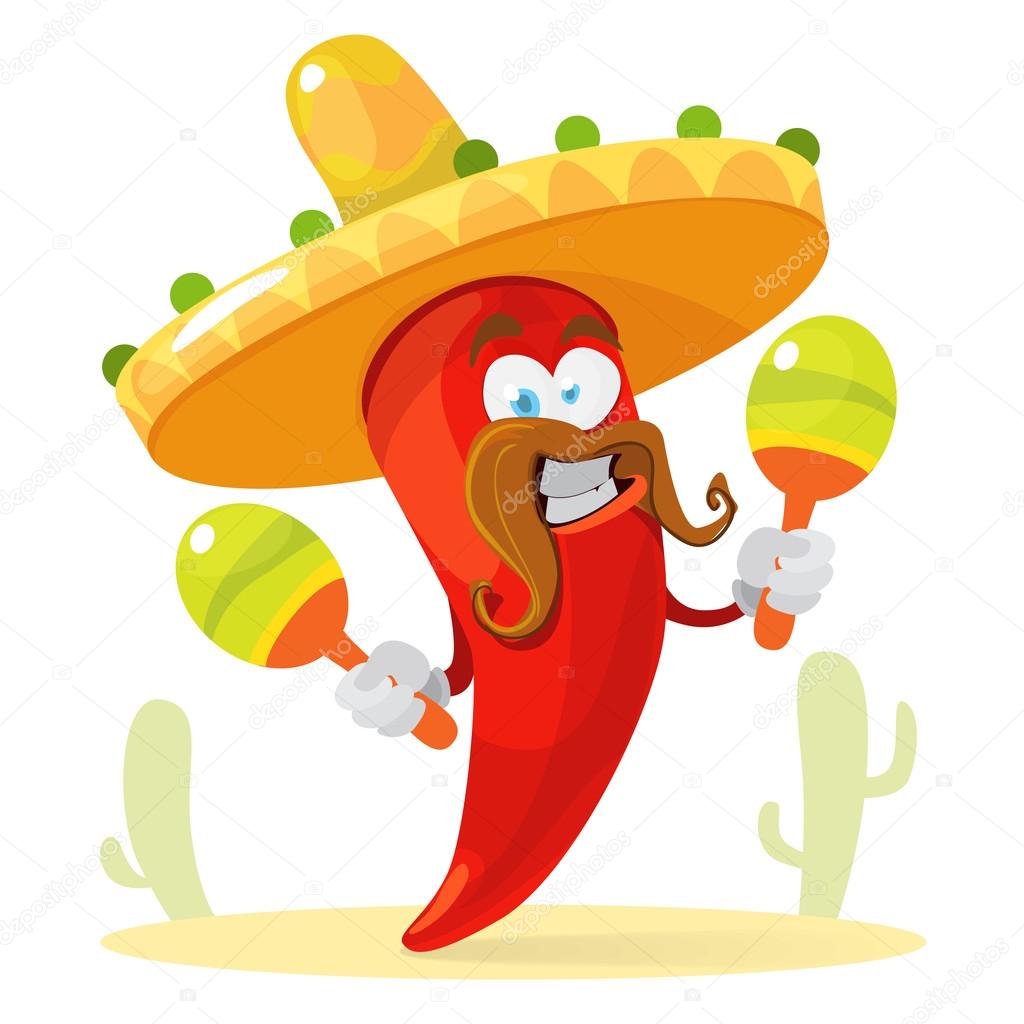 Red chilli pepper in a sombrero playing the maracas