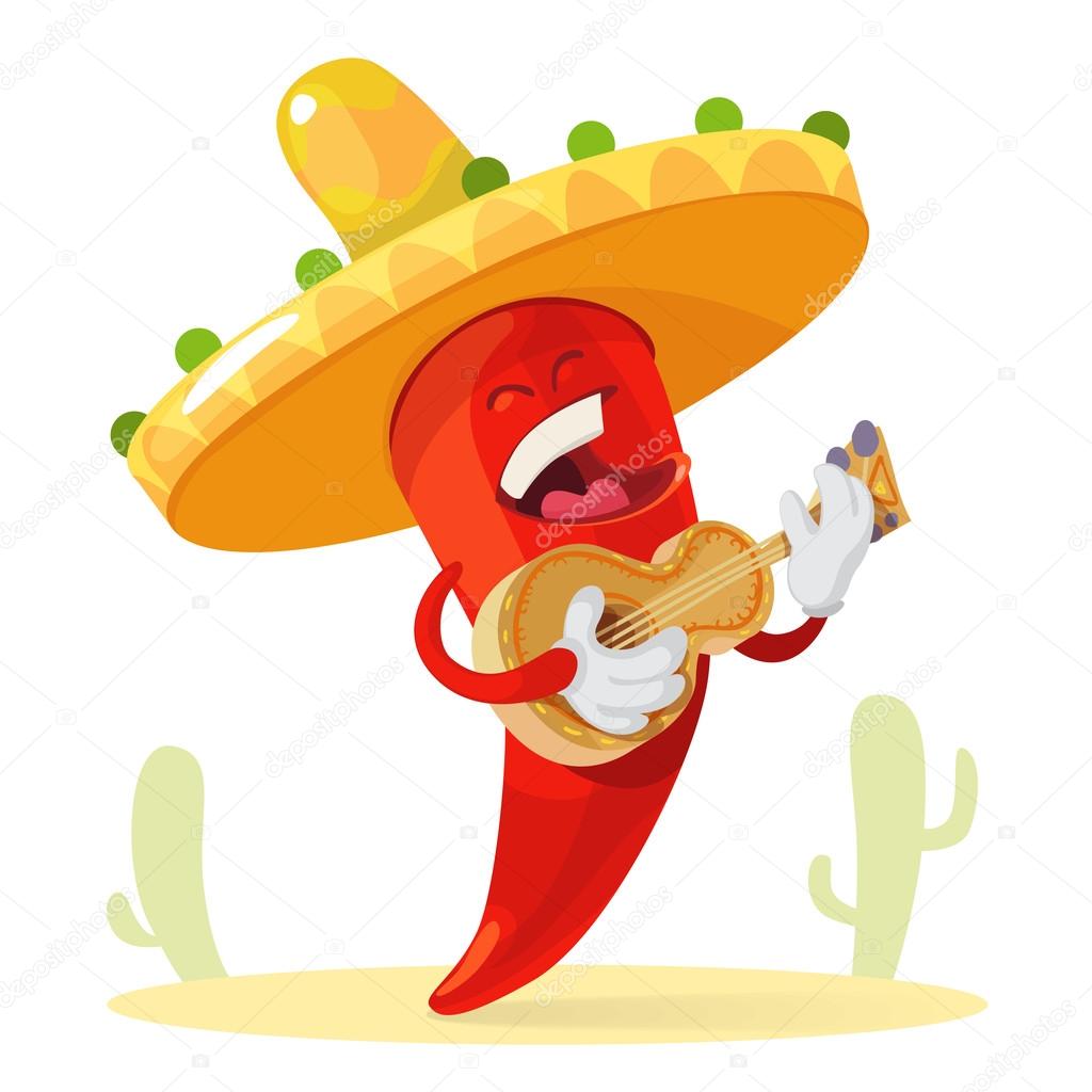 Red chilli pepper in a sombrero plays guitar