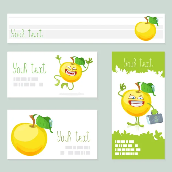 Colección de banners con carácter de manzana lindo — Vector de stock