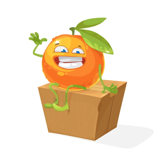 Personaje de dibujos animados naranja se sienta en la caja — Vector de stock