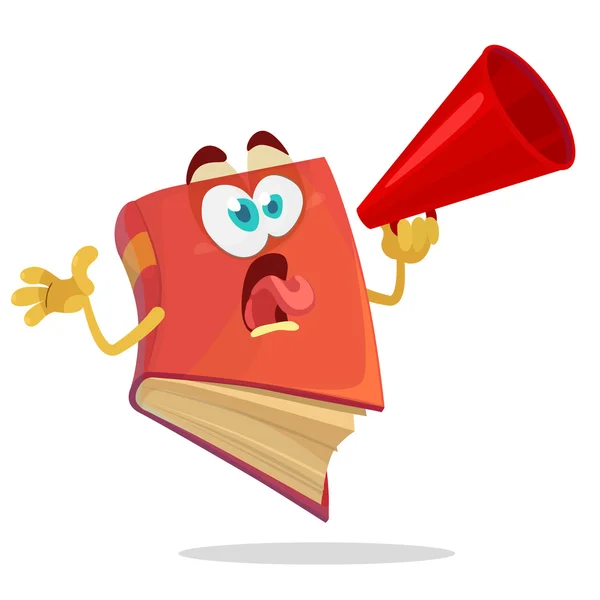 Libro rojo de dibujos animados en un megáfono rojo grita — Vector de stock