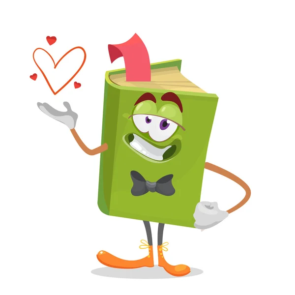 Desenho animado livro verde cavalheiro vestindo uma gravata segurando um coração — Vetor de Stock