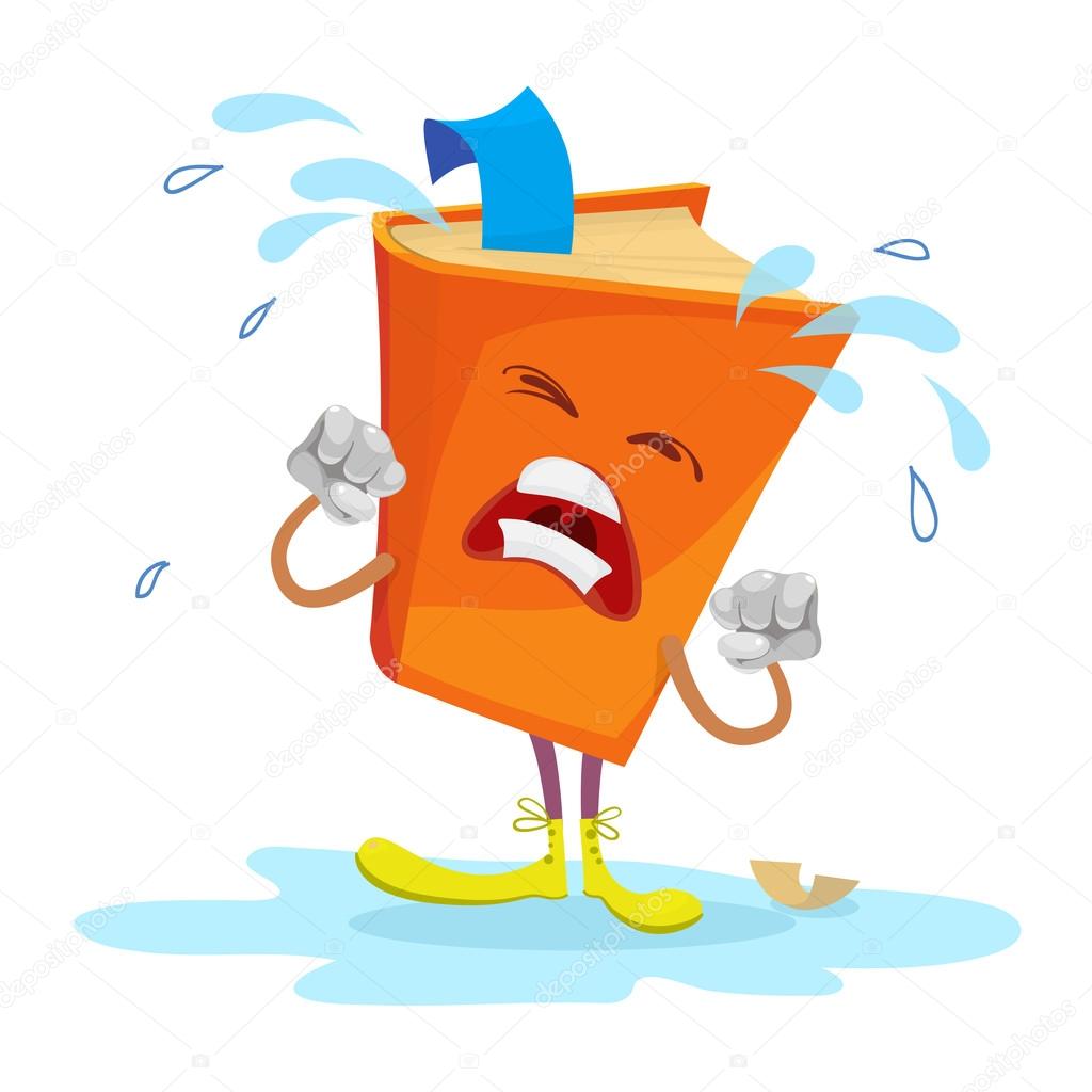 Orange cartoon book stands in a puddle and crying