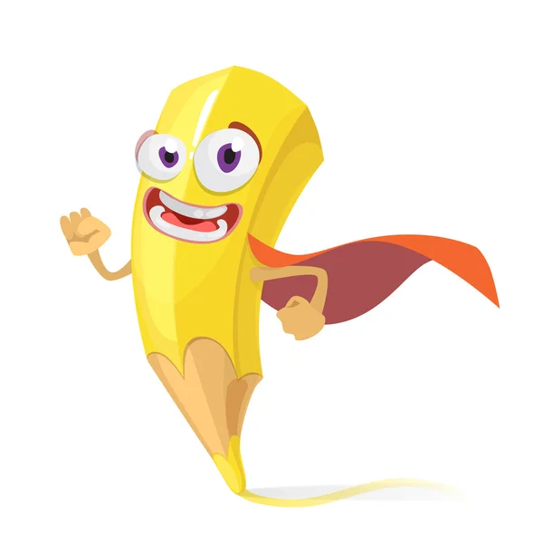 Personagem de desenho animado lápis amarelo em um super-herói capa de chuva vermelha —  Vetores de Stock