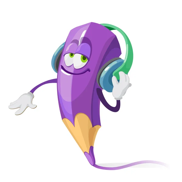 Purple Crayon personaje de dibujos animados con auriculares escuchando música — Vector de stock