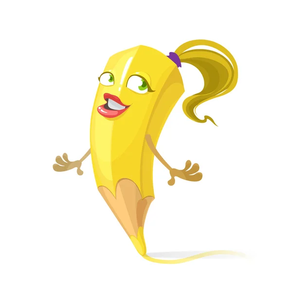 Gadis karakter kartun pensil kuning dengan rambut panjang - Stok Vektor
