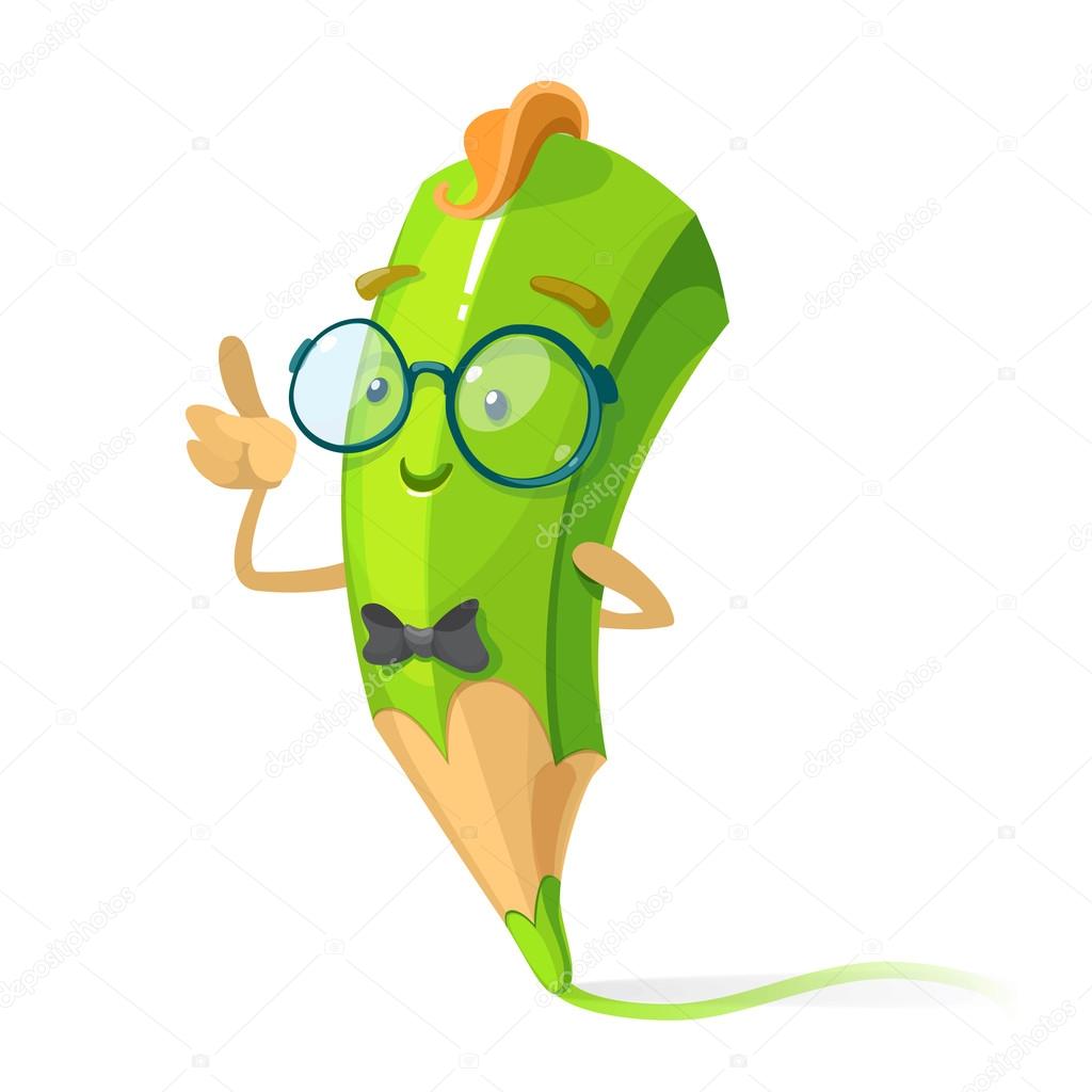 green pencil cartoon character nerd with glasses and a tie