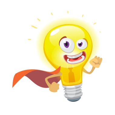 Maskot çizgi film karakteri neşeli ampul süper kahraman bir kırmızı pelerin içinde