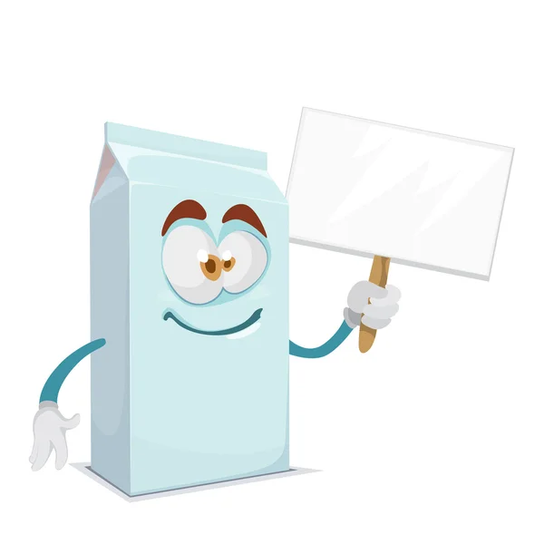 Personaje de dibujos animados de la mascota sosteniendo una placa de información de la caja de jugo — Vector de stock