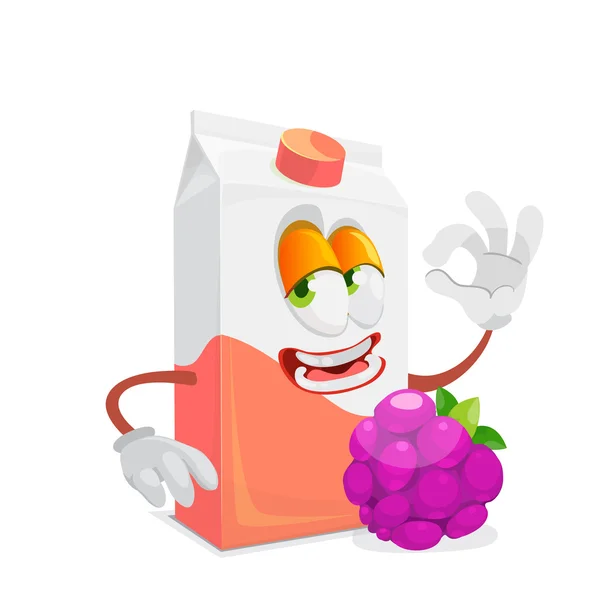 Caja de jugo de personaje de dibujos animados de mascota con frambuesas — Vector de stock