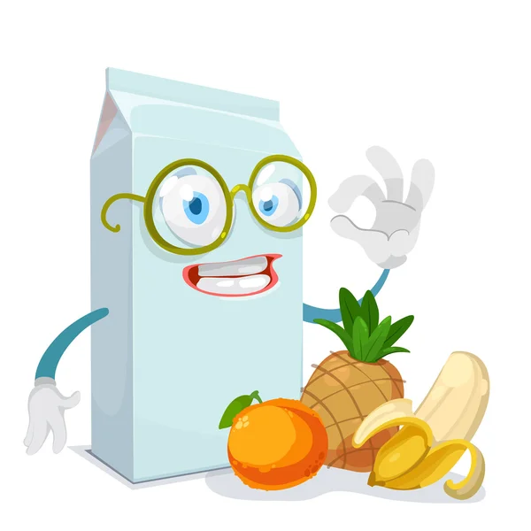 Caja de jugo de personaje de dibujos animados mascota con una piña, plátano y — Archivo Imágenes Vectoriales