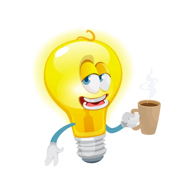 Personaje de dibujos animados mascota bombilla alegre sosteniendo una taza de bebida — Archivo Imágenes Vectoriales