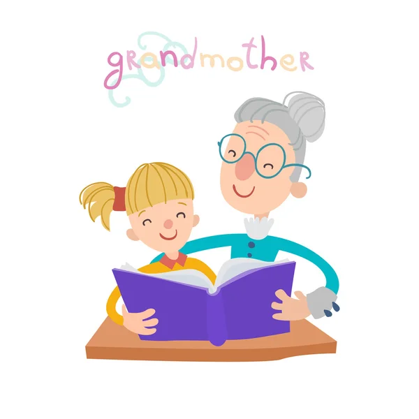 Nagymama és unokája, ül az asztalnál, és egy könyvet olvas — Stock Vector