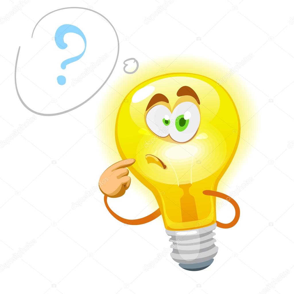 Mascot cartoon character cheerful bulb reflected by a question m