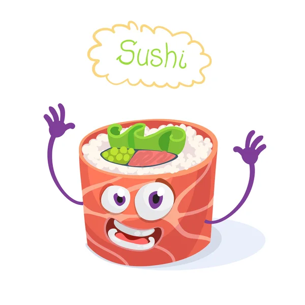 Mascotte cartoon karakter vrolijke sushi roll — Stockvector