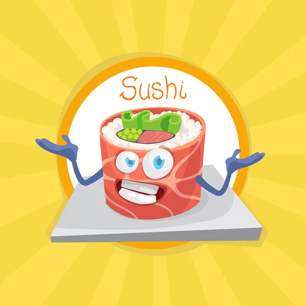 Mascotte de personnage de dessin animé joyeux rouleau de sushi — Image vectorielle