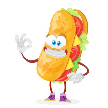 Beyaz bir arka plan üzerinde karakter maskot sandviç