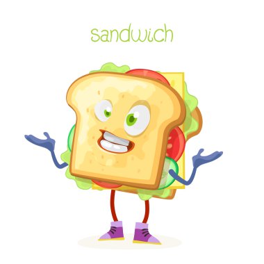 Beyaz bir arka plan üzerinde karakter maskot sandviç